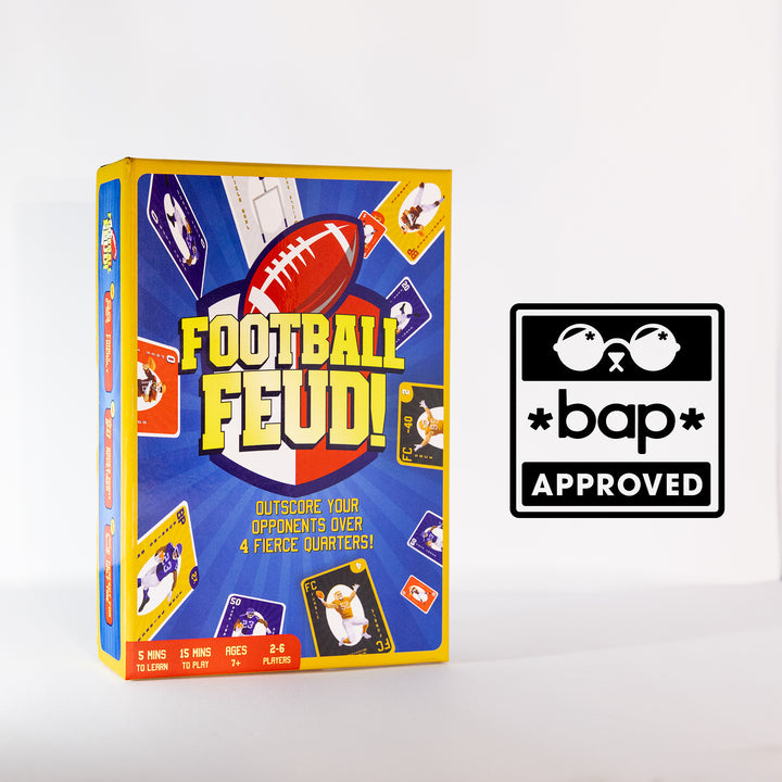 A board game box for 'Football Feud' featuring football-themed graphics such as a ball and players, with a '*bap* approved' sticker on the front.